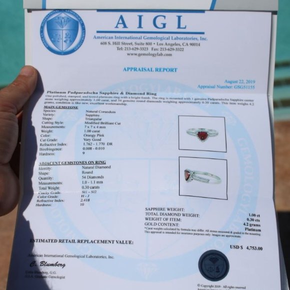 Certified Padparadscha Sapphire 1.00ct Ring - Picture 9 of 9